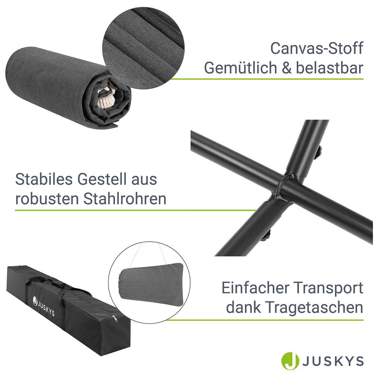 HÄNGEMATTE Paya anthrazit 281x107x96 cm - Grau, Textil/Metall (109/101/279cm) - Juskys