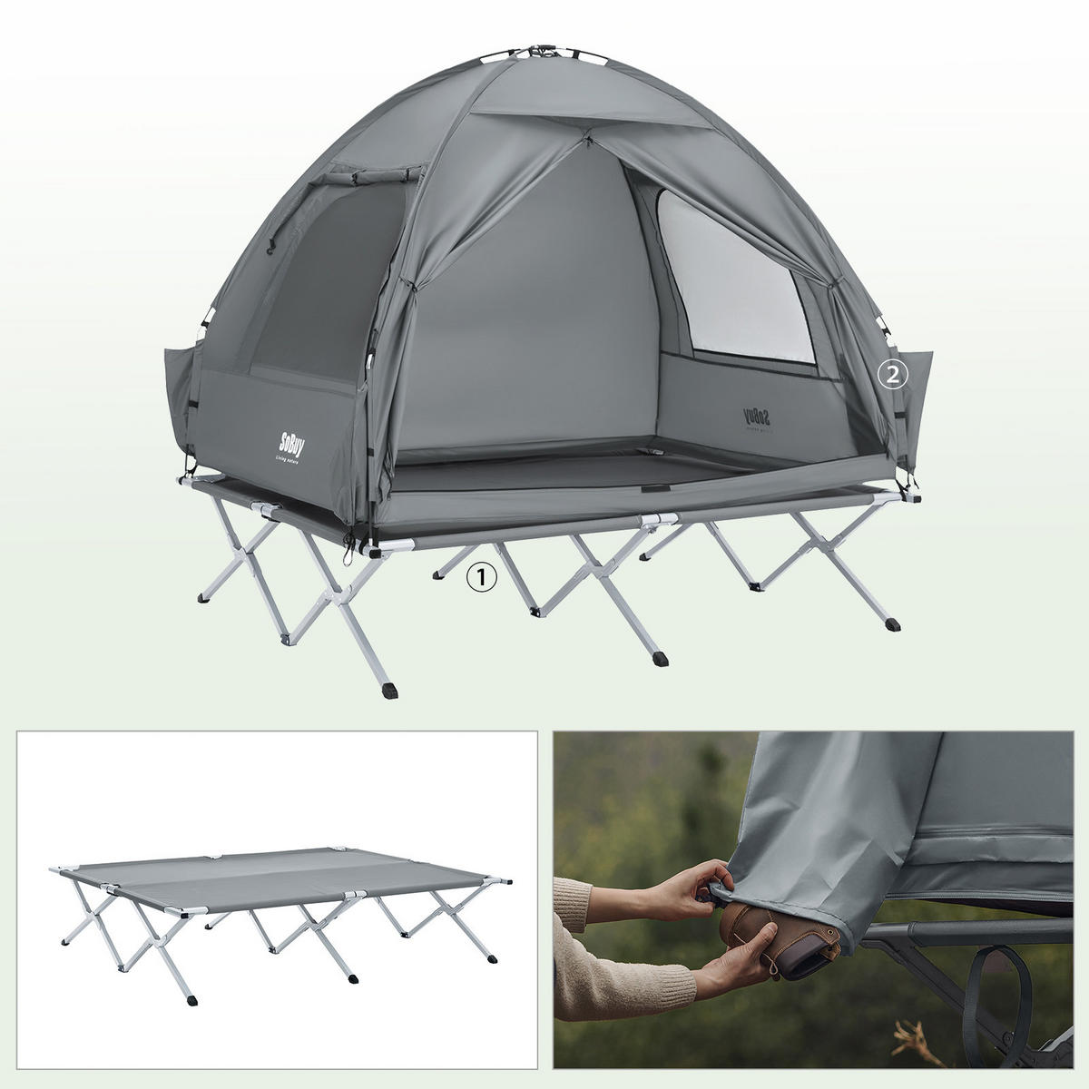 CAMPINGBETT mit Zelt und aufblasbarer Matratze OGS32-II-L-HG-TP - Ahornfarben, Fell/Metall (193/188/145cm) - SoBuy