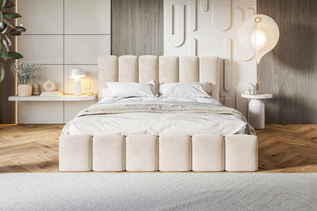 BETT 90x200 - Polsterbett mit Bettkasten und Holzrahmen - Modern Betten - Amor-Samtstoff - Kollektion Lucy - Beige - Beige, Holz/Textil (90/200cm) - Alpi-Möbel