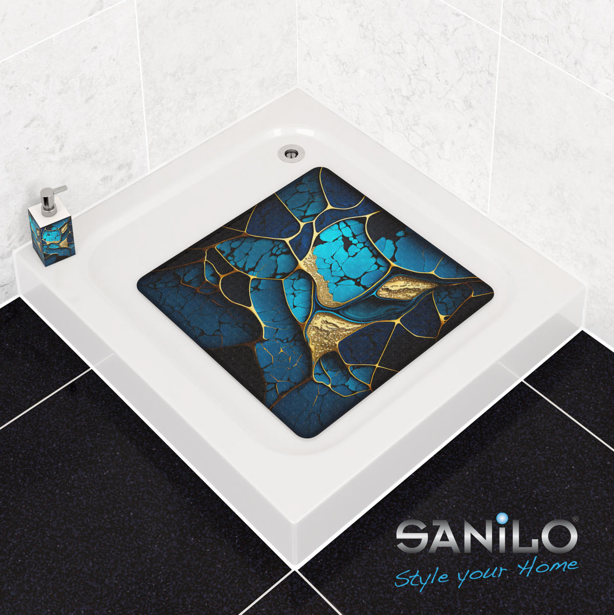 BADEMATTE Marmor Cobalt - Blau, Kunststoff (53/53cm) - Sanilo