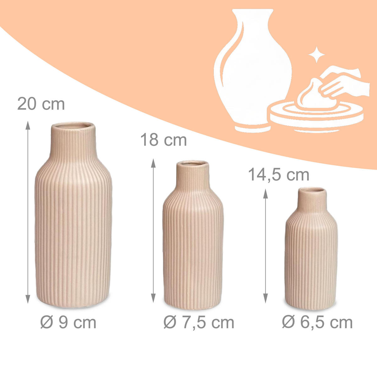 VASER Beige 3-pack keramik - Beige, Keramik (20cm) - Relaxdays