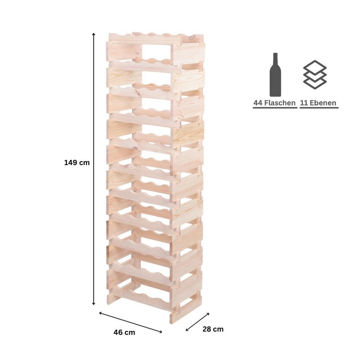 WEINREGAL VINOTECA FLEX PRO HxBxT 149x46x28cm 44 Flaschen auf 11 Ebenen Natur unbehandelt - Naturfarben, Holz (46/149/28cm) - PROREGAL