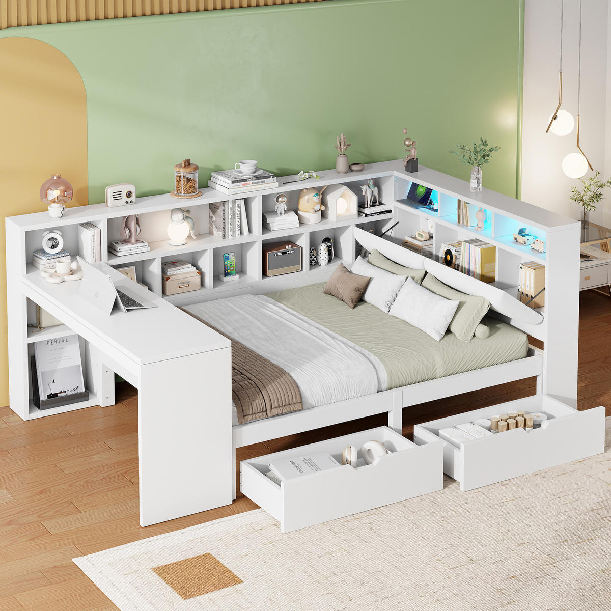 BETT 140/200 cm in Weiß mit Schubladen, LED und Schreibtisch - Weiß, Holzwerkstoff/Textil (140/200cm) - WISHDOR