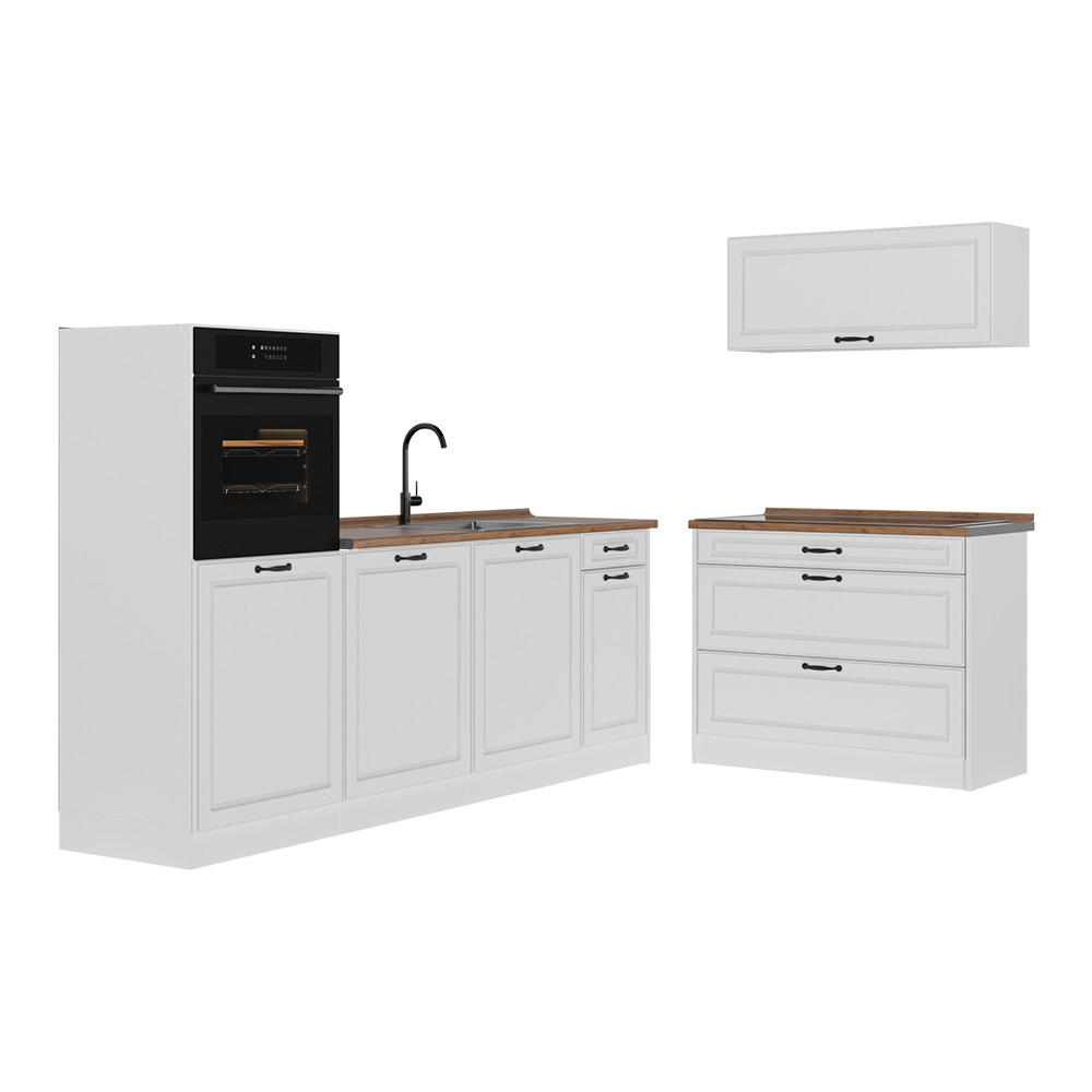KÜCHENZEILE R-Line, Weiß Landhaus/Weiß, 220 cm ohne Arbeitsplatte - Weiß, Holzwerkstoff (220/143/46cm) - Vicco