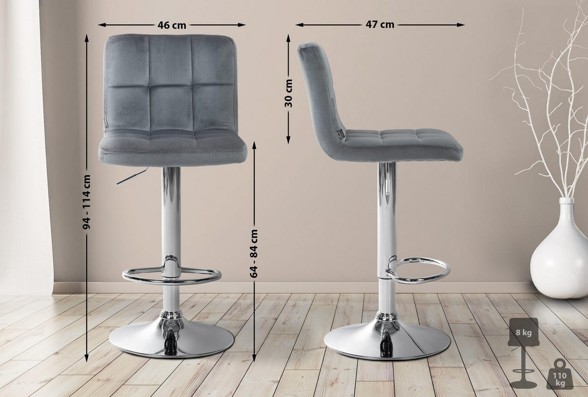 BARHOCKER Samt dunkelgrau - Chromfarben/Dunkelgrau, Textil/Metall (46/94/47cm) - CLP