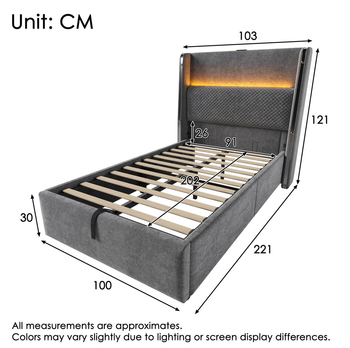 BETT hydraulisch 90x200 cm Leinenoptik Grau mit Matratze - Grau, Metall (90/200cm) - Meubliv