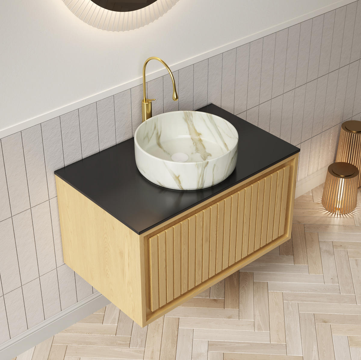 WASCHTISCHUNTERSCHRANK 76x48x53cm Schwarz&Goldene Eiche&Steinweiß mit Keramikaufsatzbecken & Schwebe-Design - Eichefarben, Keramik (76/53/48cm) - Modfu