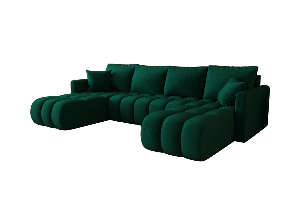 WOHNLANDSCHAFT GARDA U-Form grün Velours Monolith 37 - Schlaffunktion, Bettkasten - Grün, Textil (305/88/150cm) - Cornero