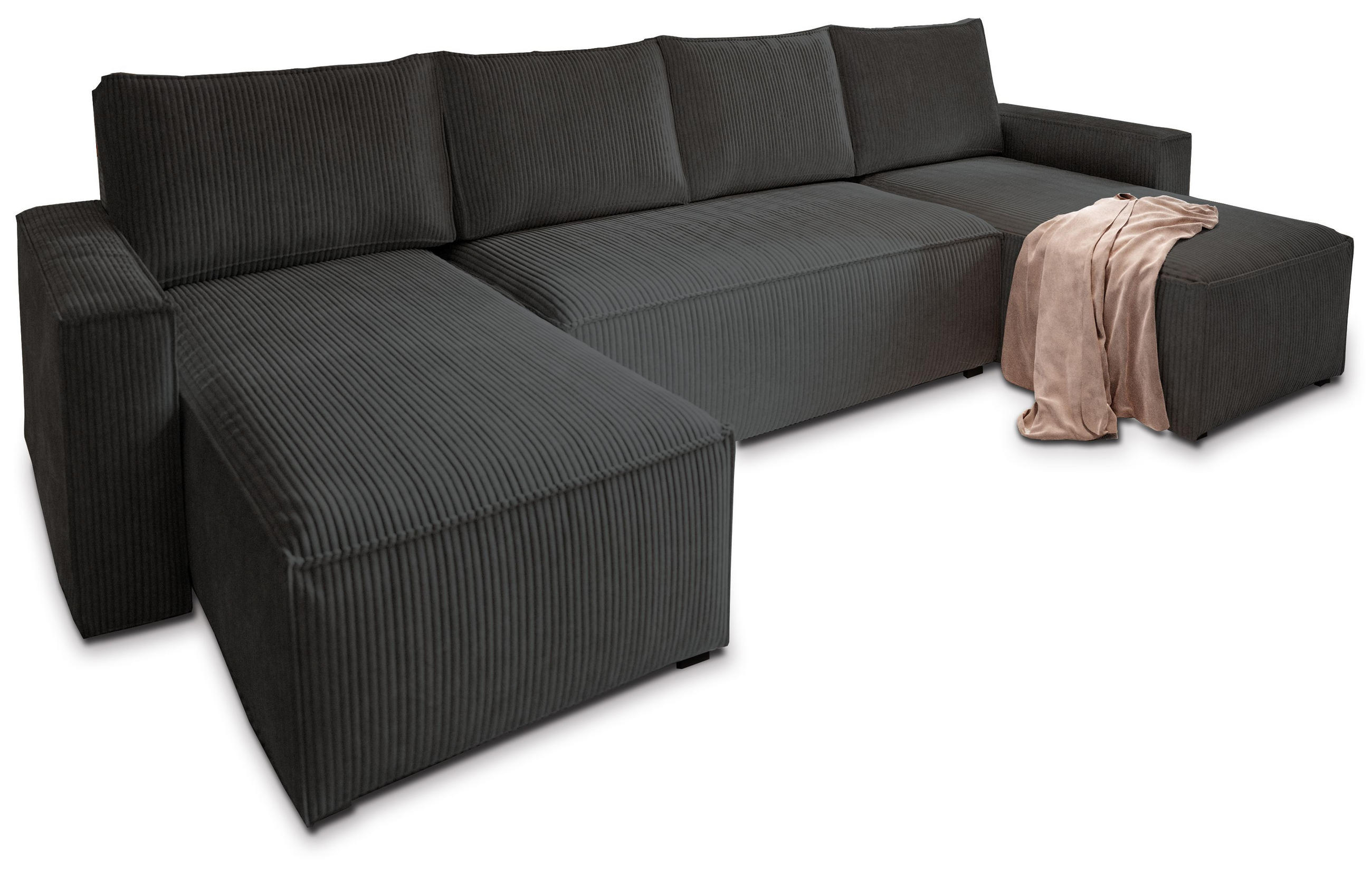 WOHNLANDSCHAFT ASPRA Schwarz Kordstoff mit Schlaffunktion - Schwarz, Holz (295/85/140cm) - MASSENO