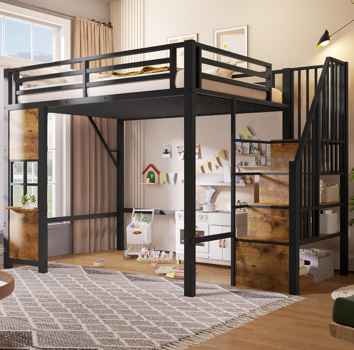 HOCHBETT 140x200 cm in Schwarz mit Stauraumtreppe und offenem Spielbereich - Schwarz, Holzwerkstoff (140/200cm) - IVMEU