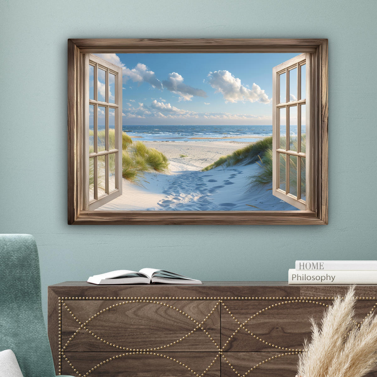 LEINWANDBILD Aussicht - Strand - Fenster - Dünen - Meer Wandbilder 80x60 cm - Hellblau, Textil (80/60cm) - MuchoWow