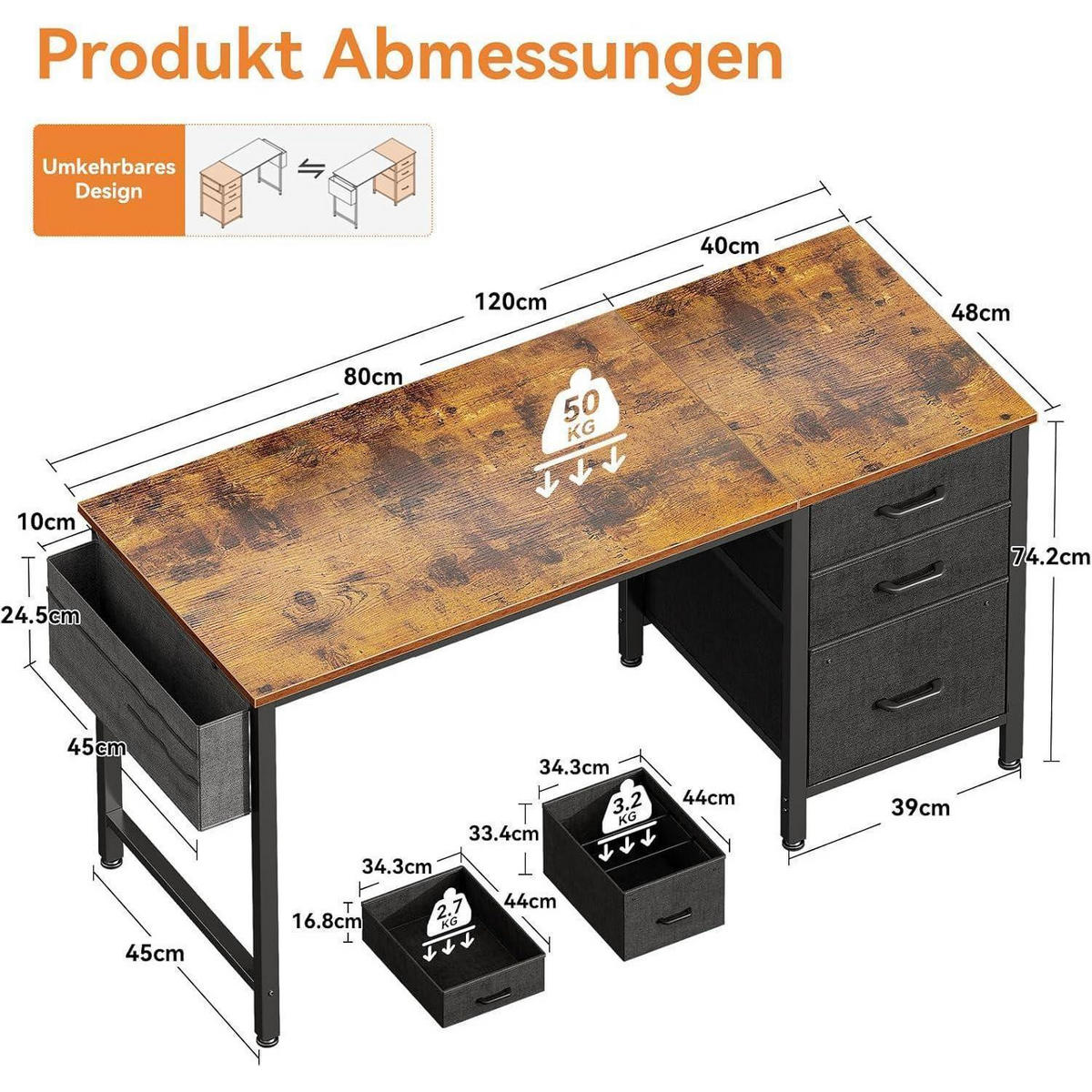 SCHREIBTISCH mit 3 Stoffschubladen 120 x 48 cm - Braun, Holzwerkstoff (120/48/75.7cm)
