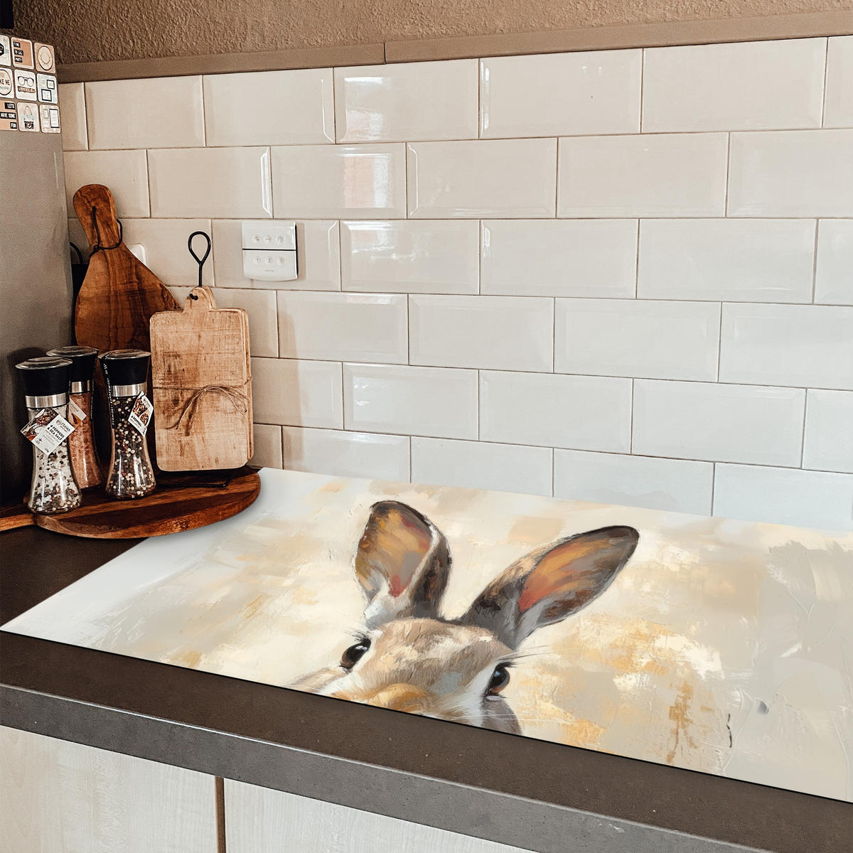 HERDABDECKPLATTE Hase - Ohren - Braun Ceranfeldabdeckung 90x52 cm - Beige, Kunststoff (90/52/0.2cm) - MuchoWow