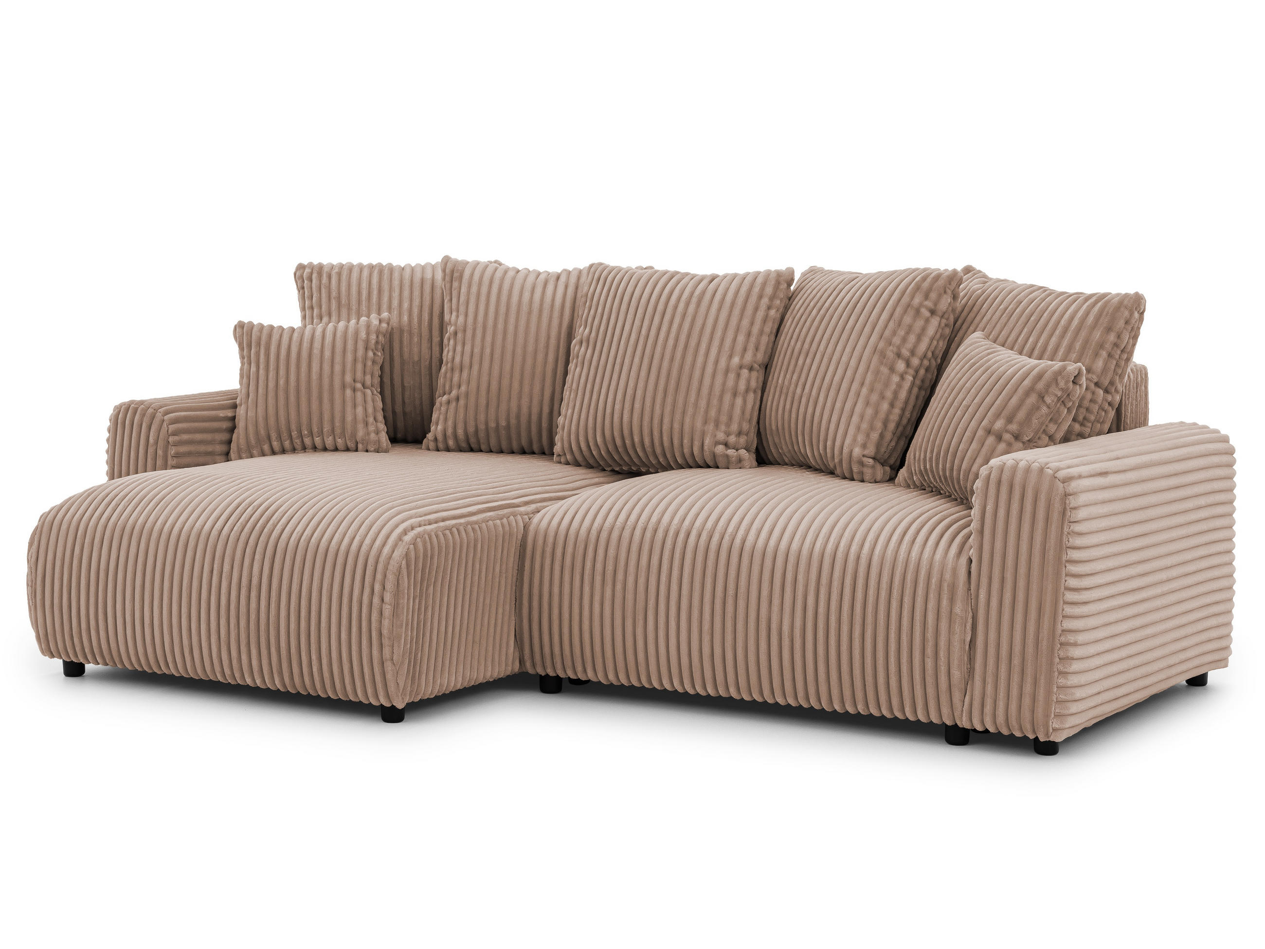 ECKSOFA Calma mit Schlaffunktion und Bettkasten im Bumpy-Design aus weichem Beige Plüschcord - Ottomane links - Beige/Schwarz, Holz/Kunststoff (239/140cm) - S-Style