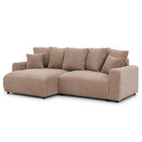 ECKSOFA Calma mit Schlaffunktion und Bettkasten im Bumpy-Design aus weichem Beige Plüschcord - Ottomane links - Beige/Schwarz, Holz/Kunststoff (239/140cm) - S-Style