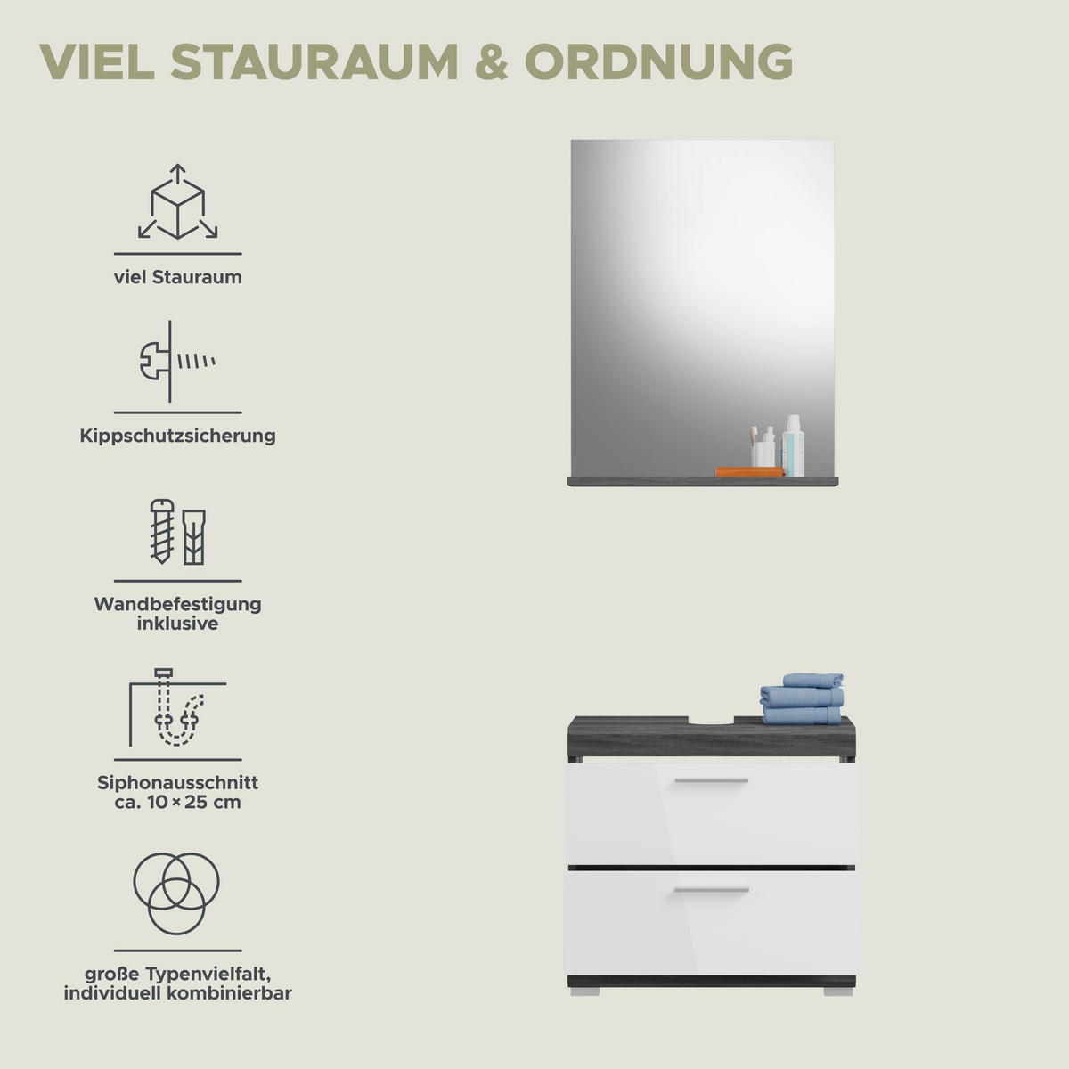 BADKOMBINATION 2tlg. Scout Bad in Rauchsilber Nachbildung und weiß hochglanz B/H/T: 60x191x34 cm - Anthrazit, Holz (60/191/37cm)