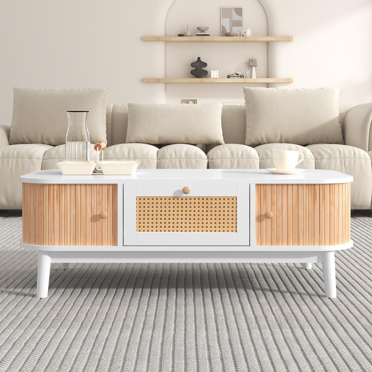 COUCHTISCH 110/55/38,5 cm Weiß mit Rattan und Massivholzplatten - Weiß, Holzwerkstoff (110/55/38.5cm) - OKWISH