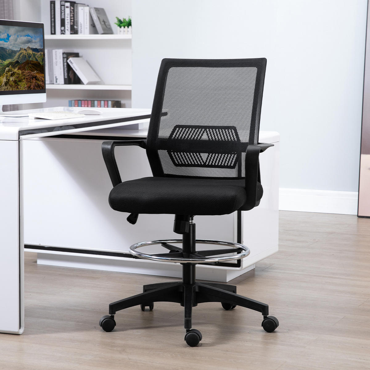KANCELÁŘSKÁ ŽIDLE Ergonomická kancelářská židle s nastavitelným podnožím, funkce houpání - černá, plast (59/124/64cm) - Vinsetto