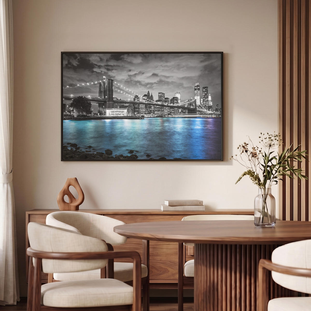 LEINWAND Bilder mit Rahmen - New York - Skyline - Stadt - Blau - 90x60 - Blaugrau, Textil (90/60cm) - MuchoWow