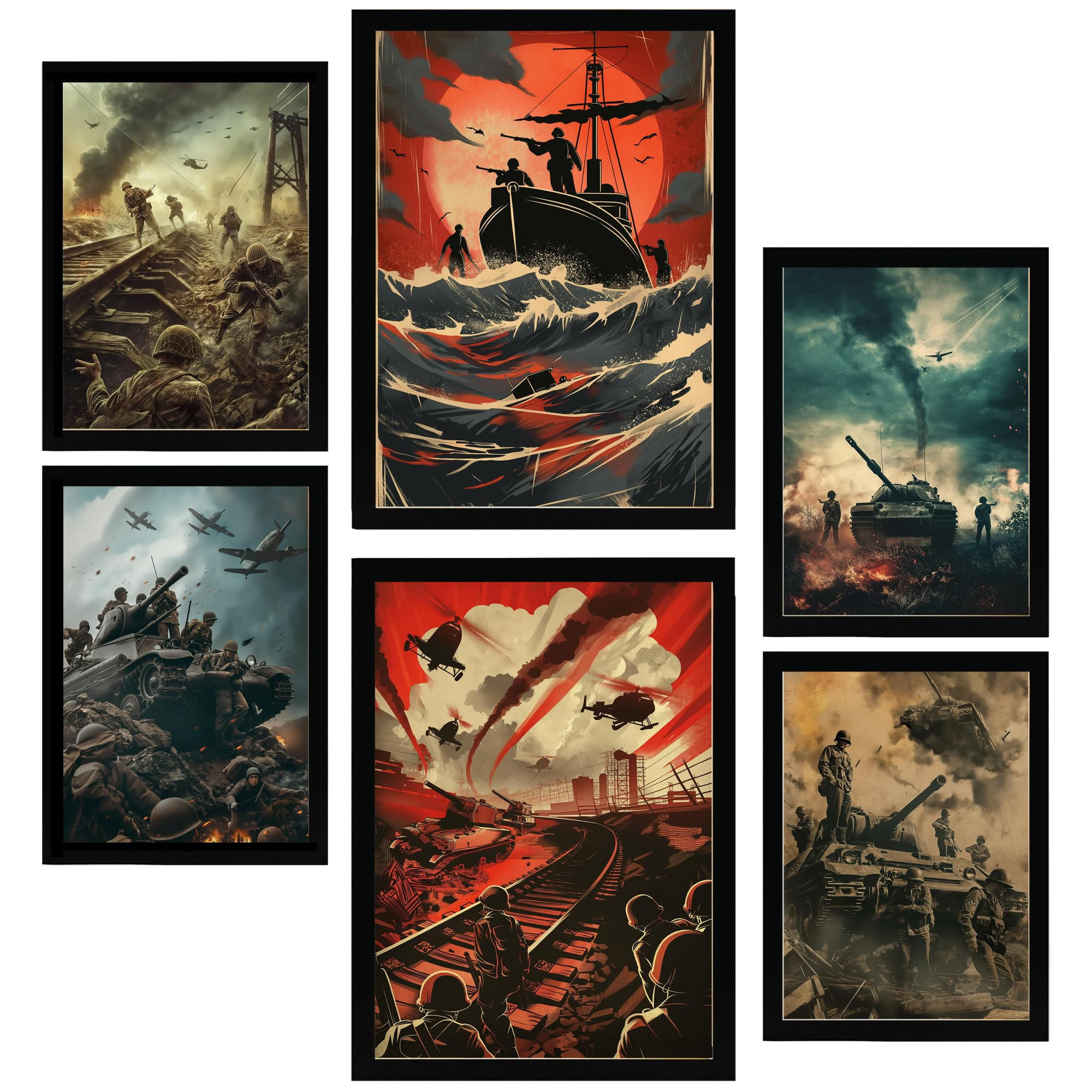 POSTER Set Mit 6 Historische Kampf Auf Boot Panzer Hubschrauber A3 & A4 Schwarzer Rahmen - Schwarz, Papier (29/3cm) - Nacnic