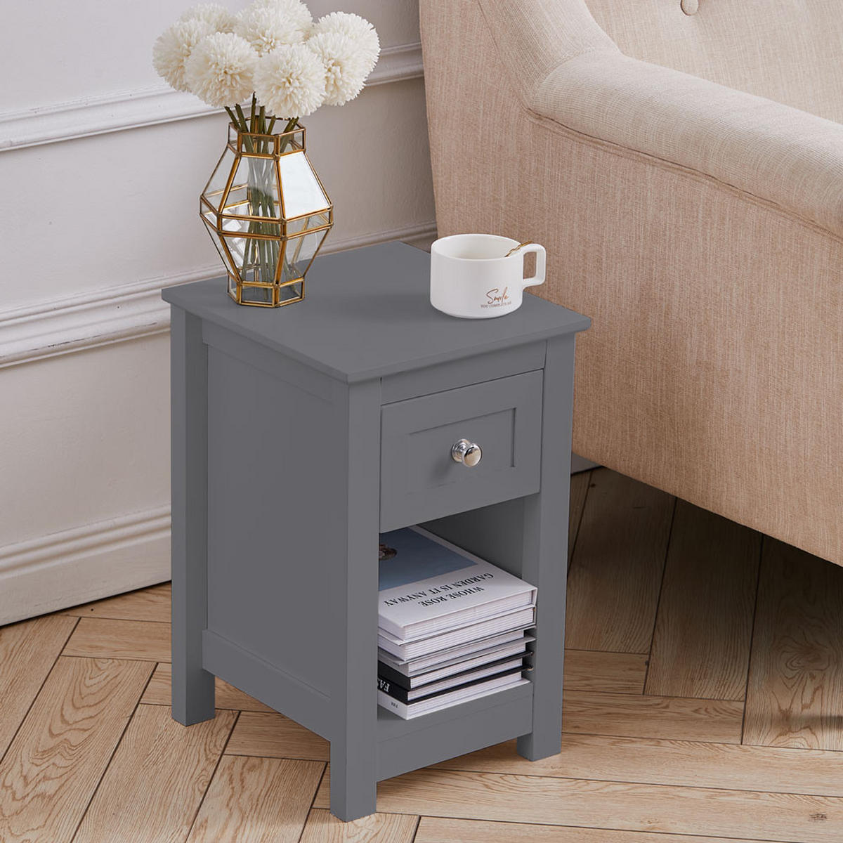 NACHTTISCH 28/30/45 cm Schublade Fach MDF Grau - Grau, Holzwerkstoff (28/45/30cm) - Livingandhome