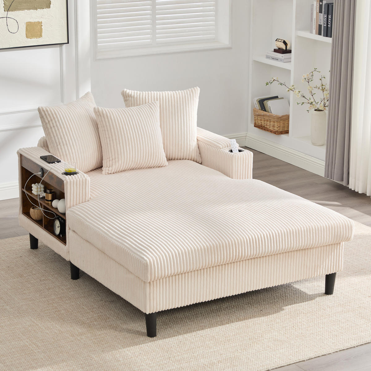 CHAISELONGUE mit Stauraum und USB 129 x 170 cm Cord Beige - Beige, Holz (170/70/129cm) - Meubliv