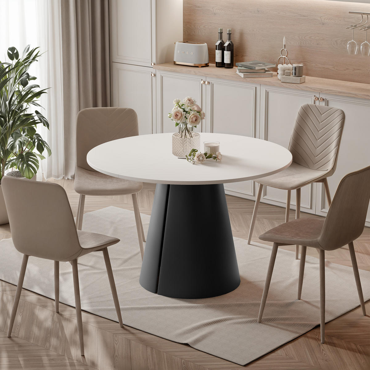 AUSZIEHTISCH BASE 120-196/76 cm, Schwarz / Arktisweiß - Schwarz/Weiß, Holzwerkstoff/Metall (120/120/76cm) - Idohome