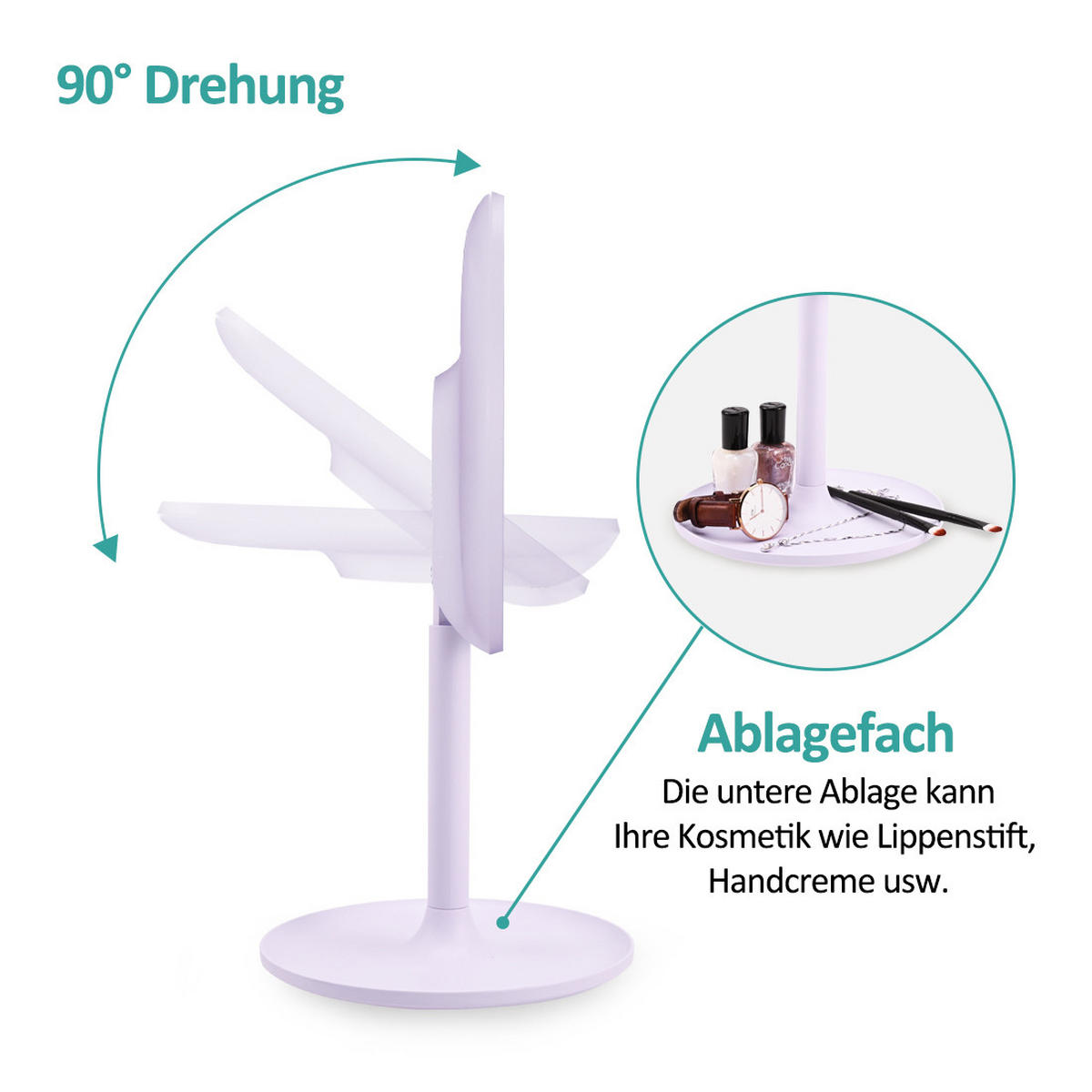 KOSMETIKSPIEGEL mit Licht mit Abnehmbare Saugnapfes, Violett, φ20 cm - Lila, Glas (20/35/20cm) - EMKE