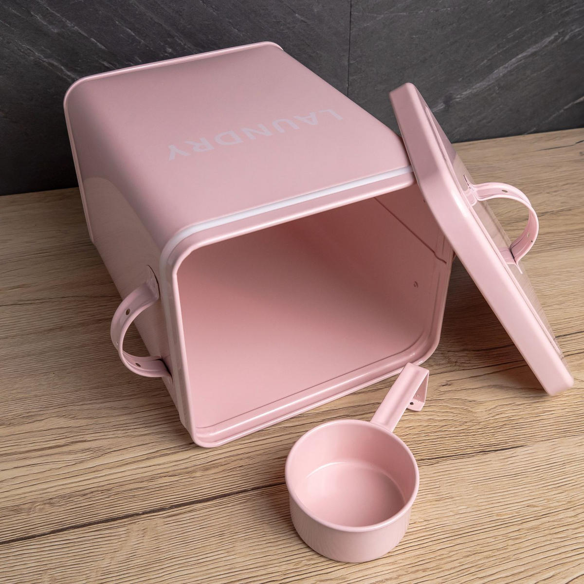 WASCHMITTEL AUFBEWAHRUNGSBOX mit Deckel und Dosierlöffel - Pink, Metall (18/25/28cm) - Intirilife