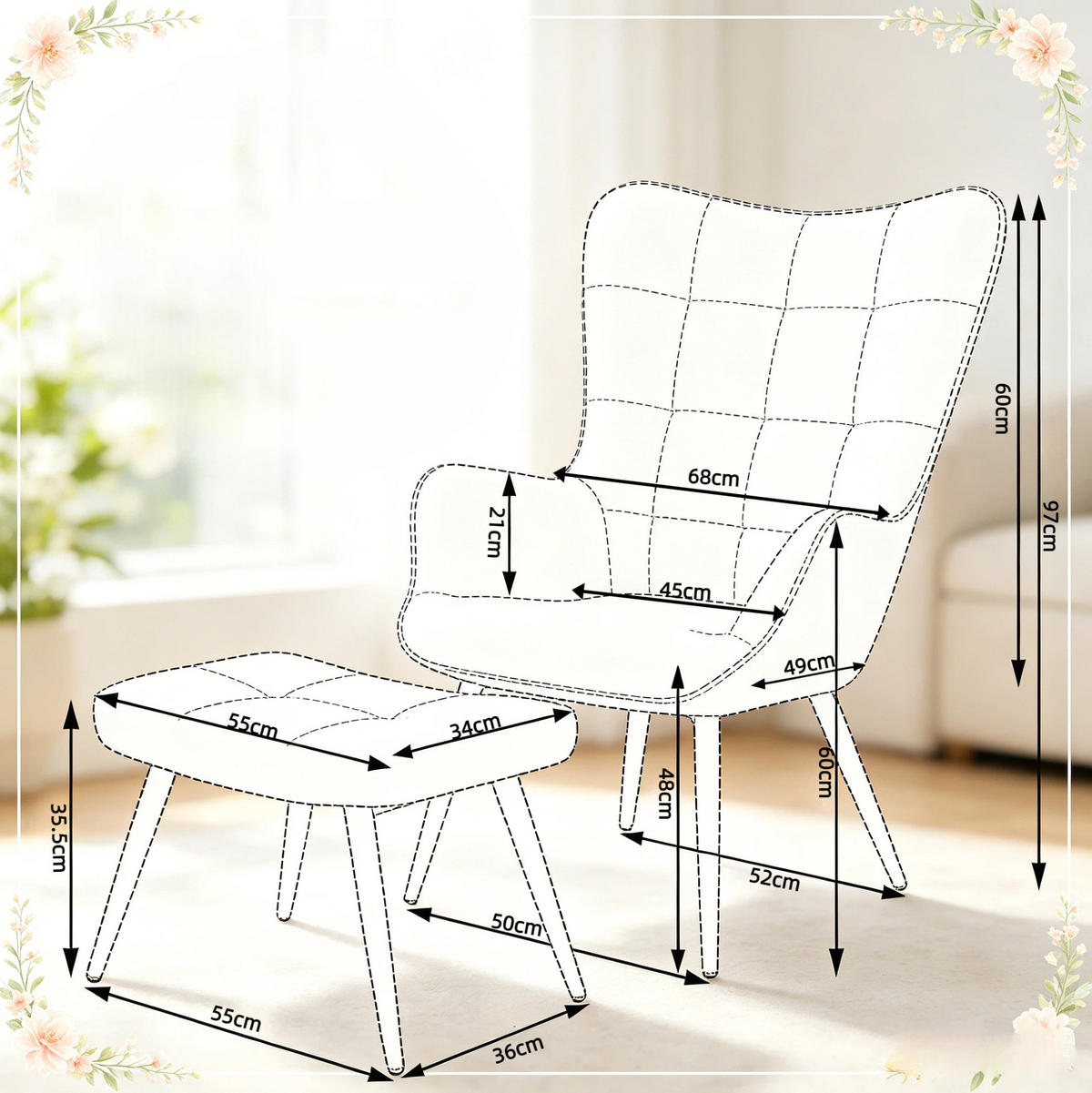 SESSEL mit Hocker 50/49/97 cm in Dunkelgrau aus Cord mit Metallgestell - Dunkelgrau, Textil (68/97/49cm) - BEAOK