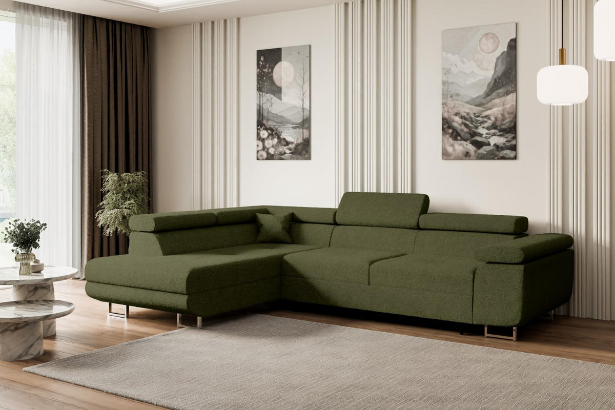 ECKSOFA mit Schlaffunktion und Bettkasten GUSA-L 272x202x107 cm Grün Bouclé - Silberfarben/Grün, Holzwerkstoff/Textil (202/272cm) - ALTDECOR
