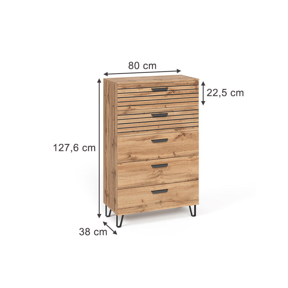 KOMMODE Amber Eiche Wotan 80 x 127.6 cm mit 5 Schubladen - Eiche Wotan, Holzwerkstoff (80/127.6/38cm) - Vicco