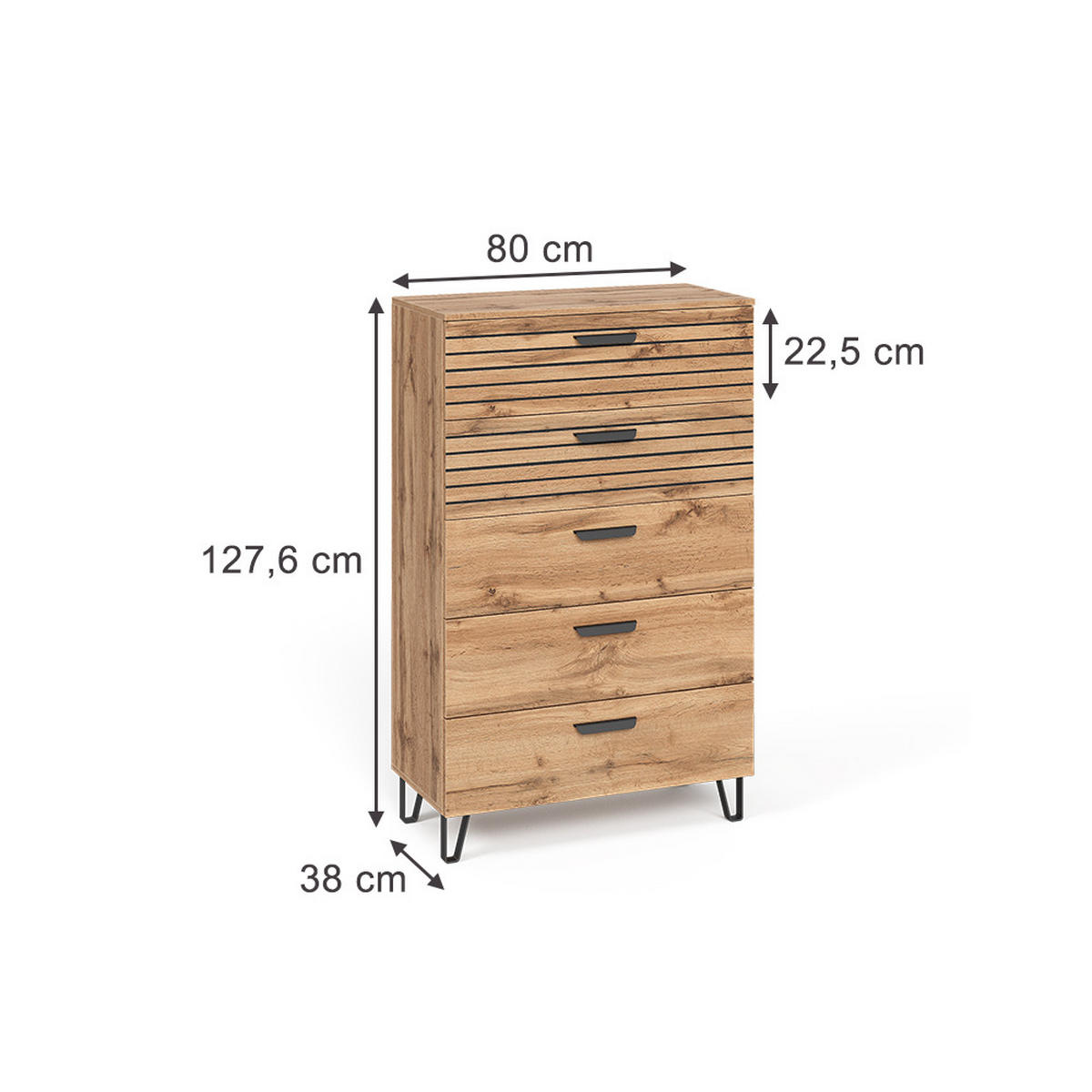 KOMMODE Amber Eiche Wotan 80 x 127.6 cm mit 5 Schubladen - Eiche Wotan, Holzwerkstoff (80/127.6/38cm) - Vicco