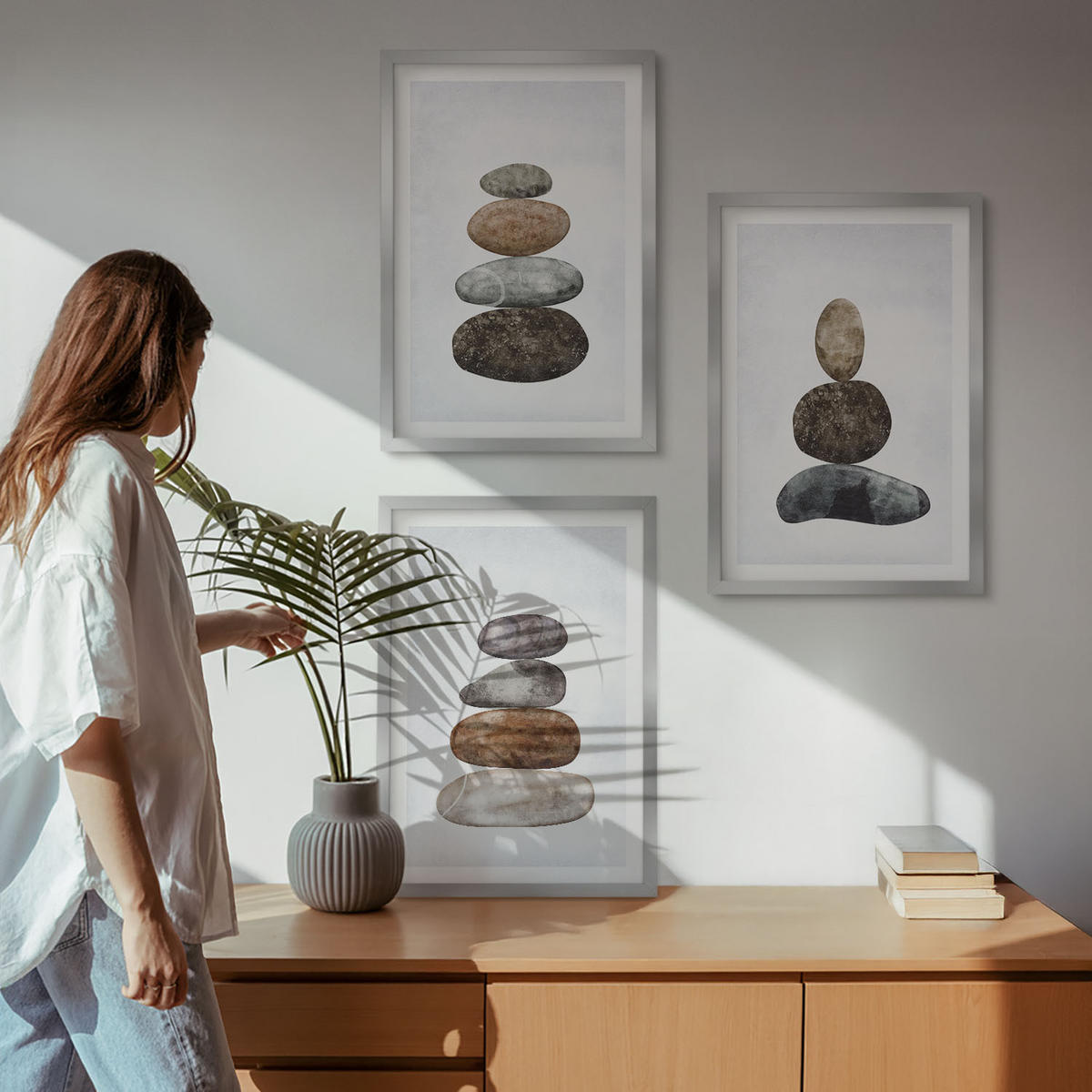 BILDER SET 3er Set - 40x60 cm Silberner Rahmen - Minimalistische Boho-Steine - Silberfarben, Kunststoff (40/60cm) - TULUP