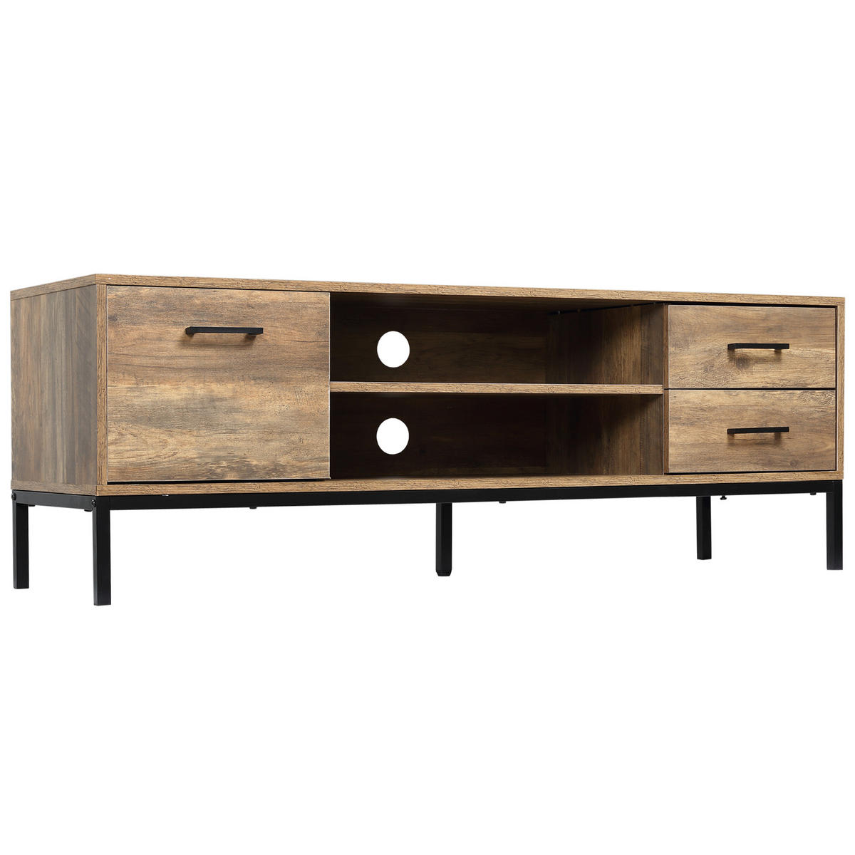 TV-BANK Braun/Schwarz 132/39/45,5 cm, 2 Schubladen, 1 Tür, Metallgestell - Braun, Holzwerkstoff (132/45.5/39cm) - PANGIVO