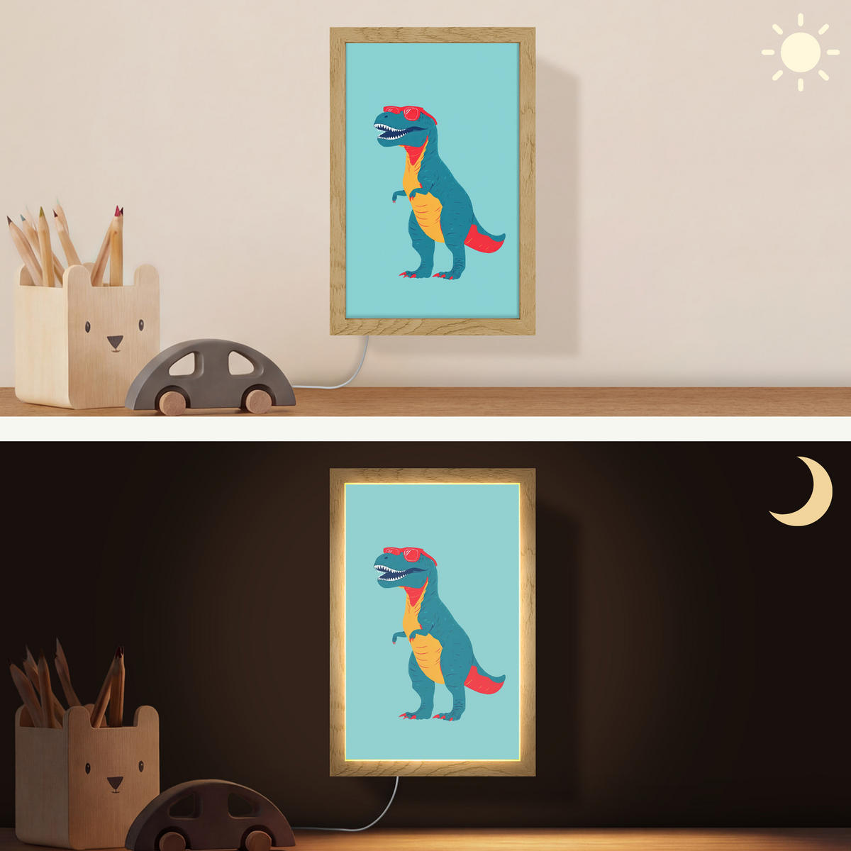 NÁSTĚNNÁ LAMPA Dinosaurus - Modrá - Sluneční brýle 20x30 cm - světle modrá, kompozitní dřevo (20/30/8cm) - OnlyWow