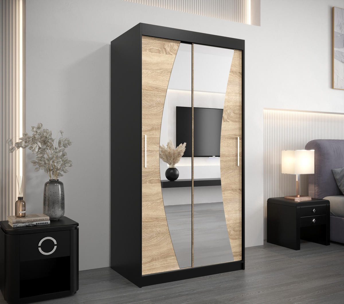 SCHWEBETÜRENSCHRANK 200/100/62 2-türig - Silberfarben/Schwarz, Holz/Kunststoff (100/200/62cm) - Abiks Möbel