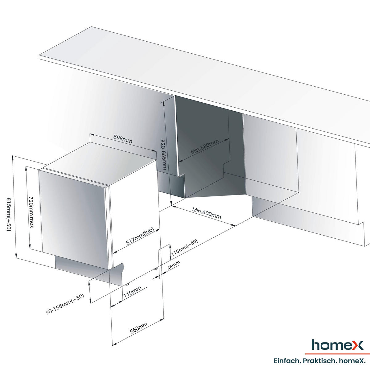 GESCHIRRSPÜLER vollintegrierbar 60 cm, Einbau Spülmaschine - 14 Maßgedecke, 8 Programme, AquaStop, Bodenlicht - Silberfarben, Kunststoff/Metall (59.8/81.5/55cm) - homeX
