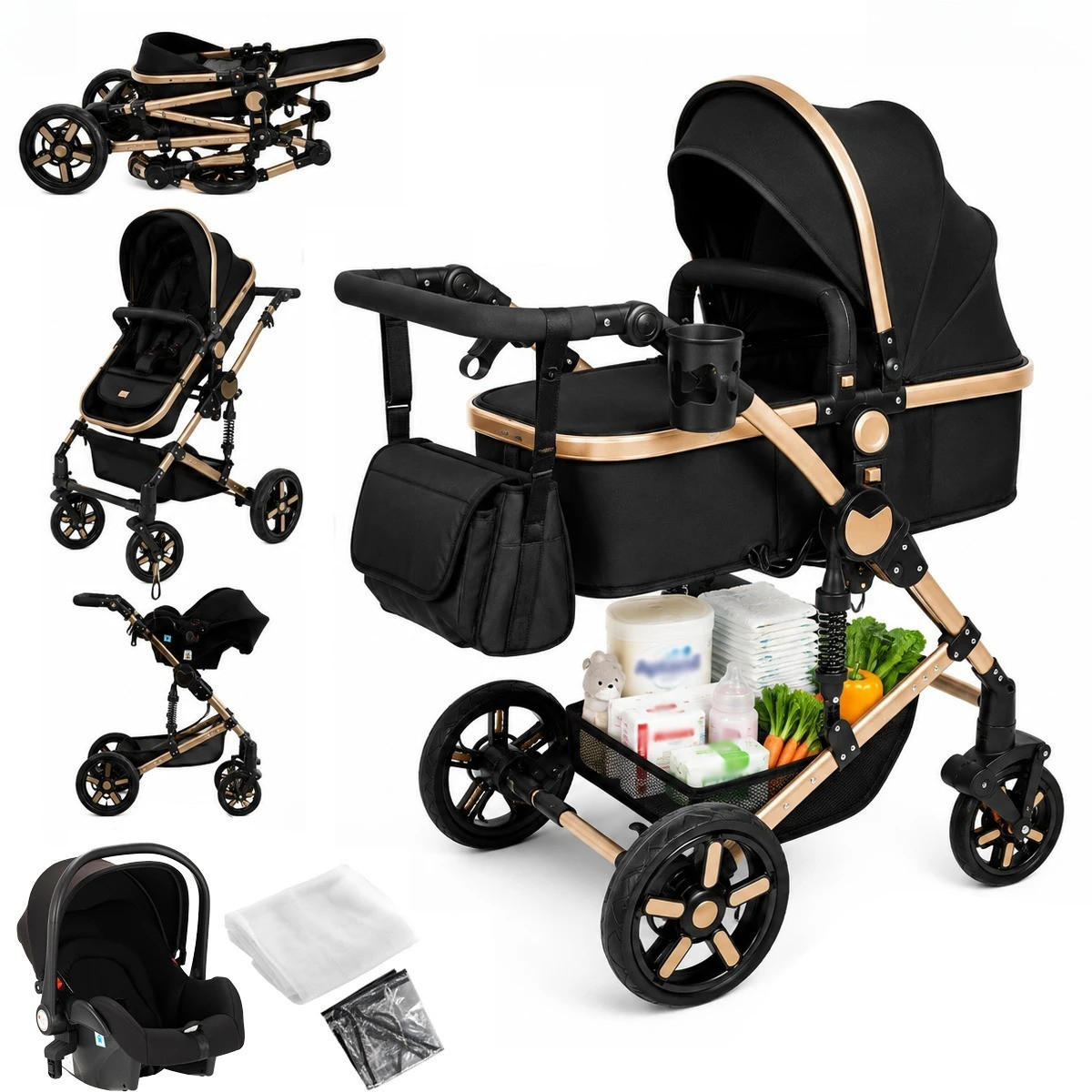 KINDERWAGENSET 3-in-1 mit Autositz, UV-Schutz, SCHWARZ-GOLD - Goldfarben, Metall (80/60cm) - Kaket