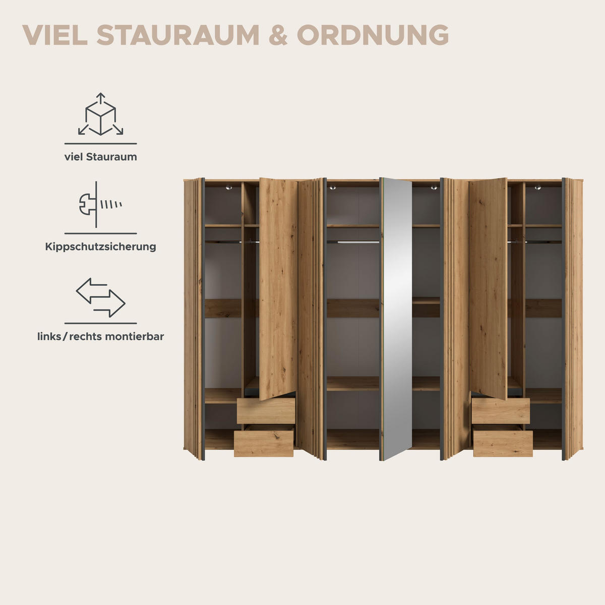 KLEIDERSCHRANKKOMBINATION TOFTA (B/H/T: ca. 280/190/56 cm) in Artisan Eiche Nachbildung/Artisan Eiche Nachbildung - Eiche Artisan, Holzwerkstoff (280/190/56cm)
