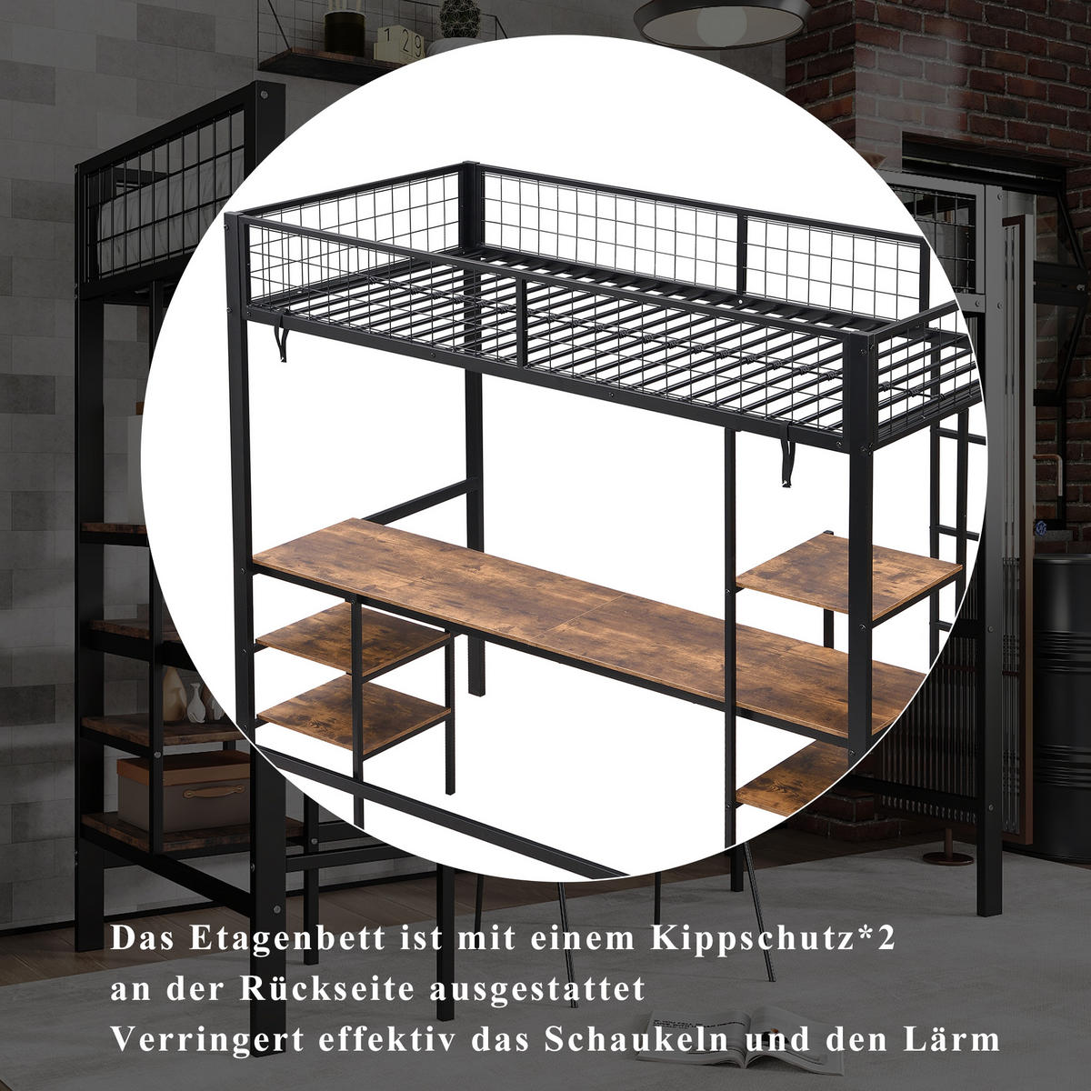 ETAGENBETT 90/200 cm in Schwarz & Dunkler Holzfarbe mit Tisch und Regal aus Metall & Holzwerkstoff - Schwarz, Holzwerkstoff/Metall (90/200cm) - CHICFURN