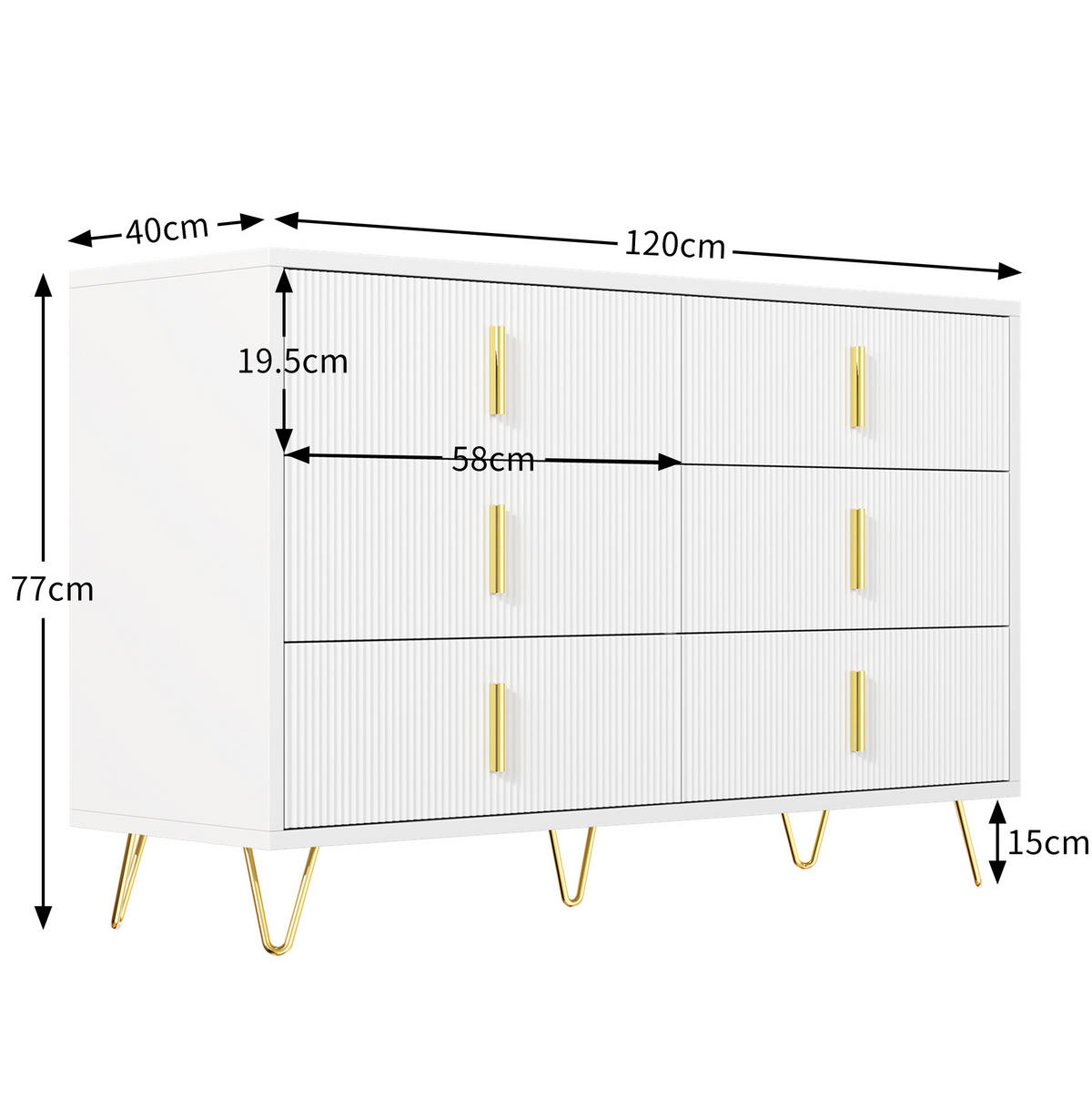 SIDEBOARD 120/40/77 cm mit 6 Schubladen und Wellenfront, aus Spanplatte, Weiß/Gold - Weiß, Holzwerkstoff (120/77/40cm) - Redom