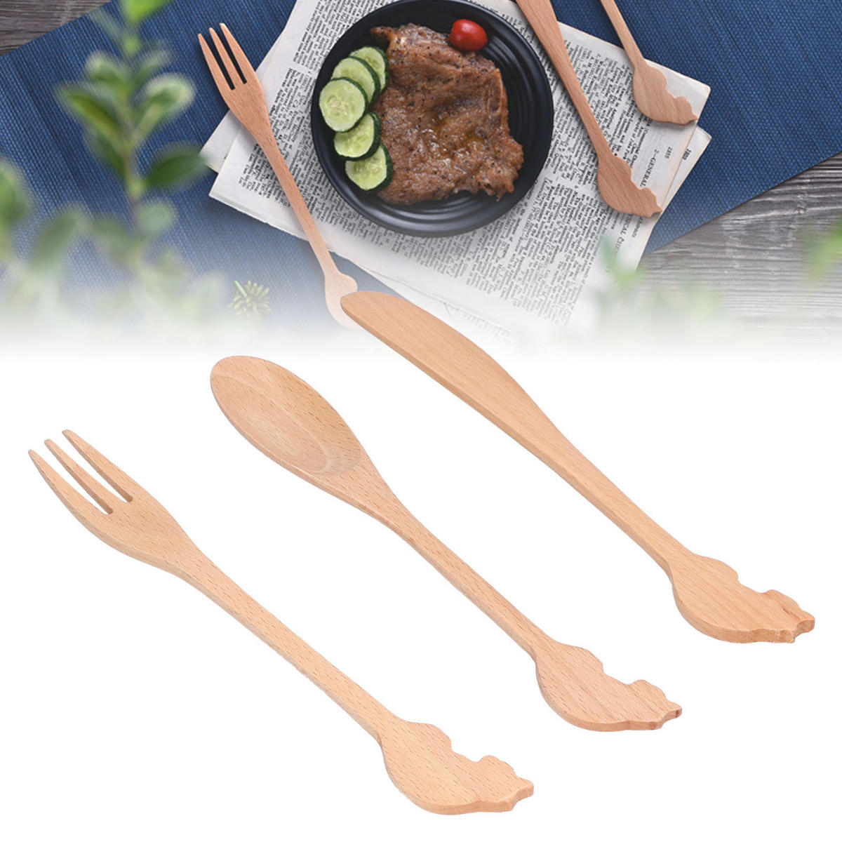 BESTECK-SET, Katzenform, Holz, 3 Stück, langlebig, Geschenk, für Kinder & Erwachsene - Naturfarben, Metall