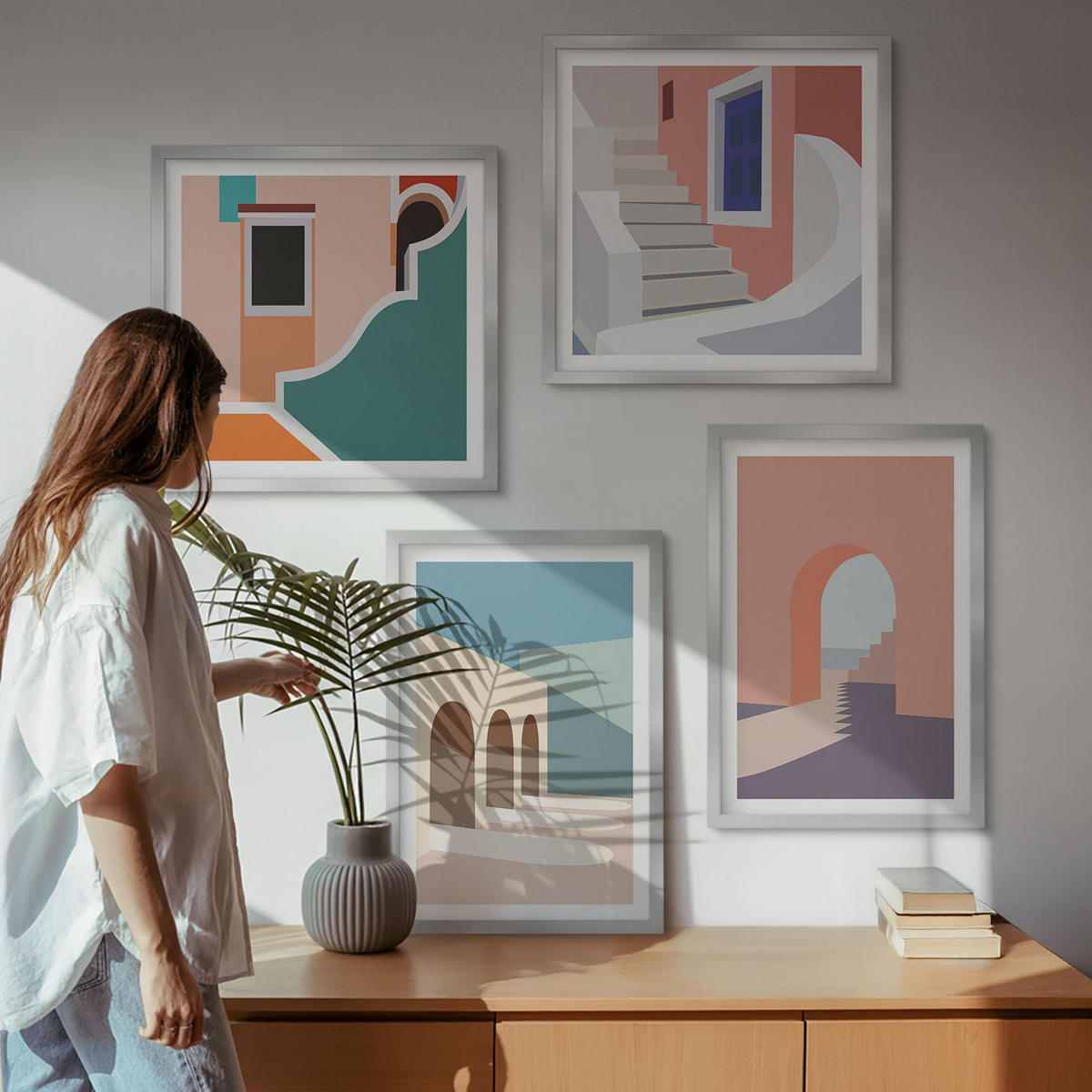 BILDER SET 4er Set - 50x50 cm & 40x60 cm Silberner Rahmen - Minimalistische Pastellgrafiken - Silberfarben, Kunststoff (50/50cm) - TULUP