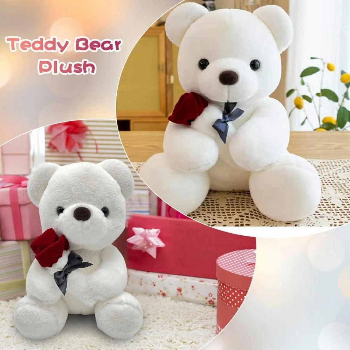 PLÜSCH-BÄR mit Rose 23 cm - Weiß, Textil (5/10cm)