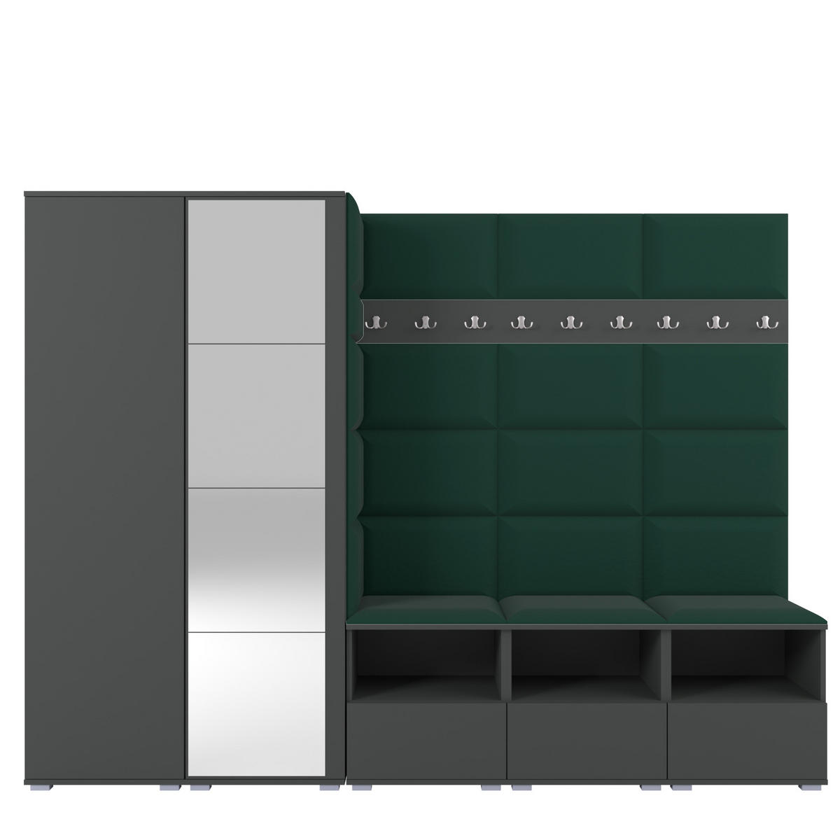 GARDEROBE NELA VII 250 cm (Modulare Flurmöbel XL Graphit mit Spiegel & Sitzpolster Flaschengrün 28 Universell) - Dunkelgrün/Silberfarben, Holz/Holzwerkstoff (250/187/40cm) - Ravio
