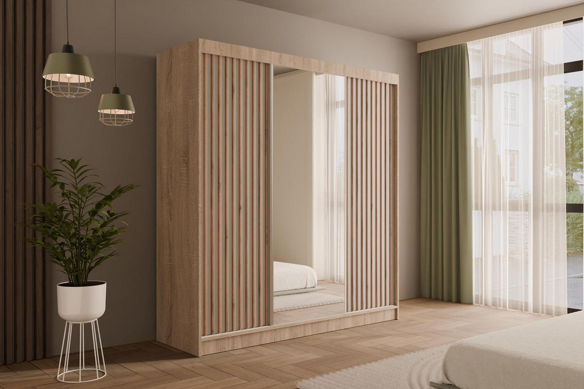 KLEIDERSCHRANK mit Spiegel V2-ZENTI 215x200 cm Sonoma Eiche|Weiß - Weiß/Sonoma Eiche, Holzwerkstoff (200/215/61cm) - ALTDECOR