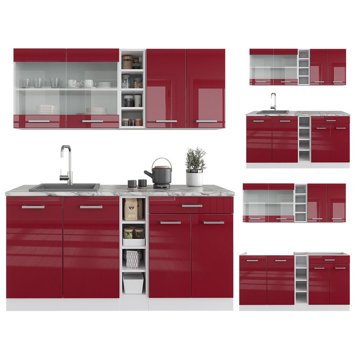 SINGLEKÜCHE R-Line Bordeaux Hochglanz/Weiß 160 cm, AP Anthrazit - Bordeaux/Weiß, Holzwerkstoff (160/81.6/60cm) - Vicco