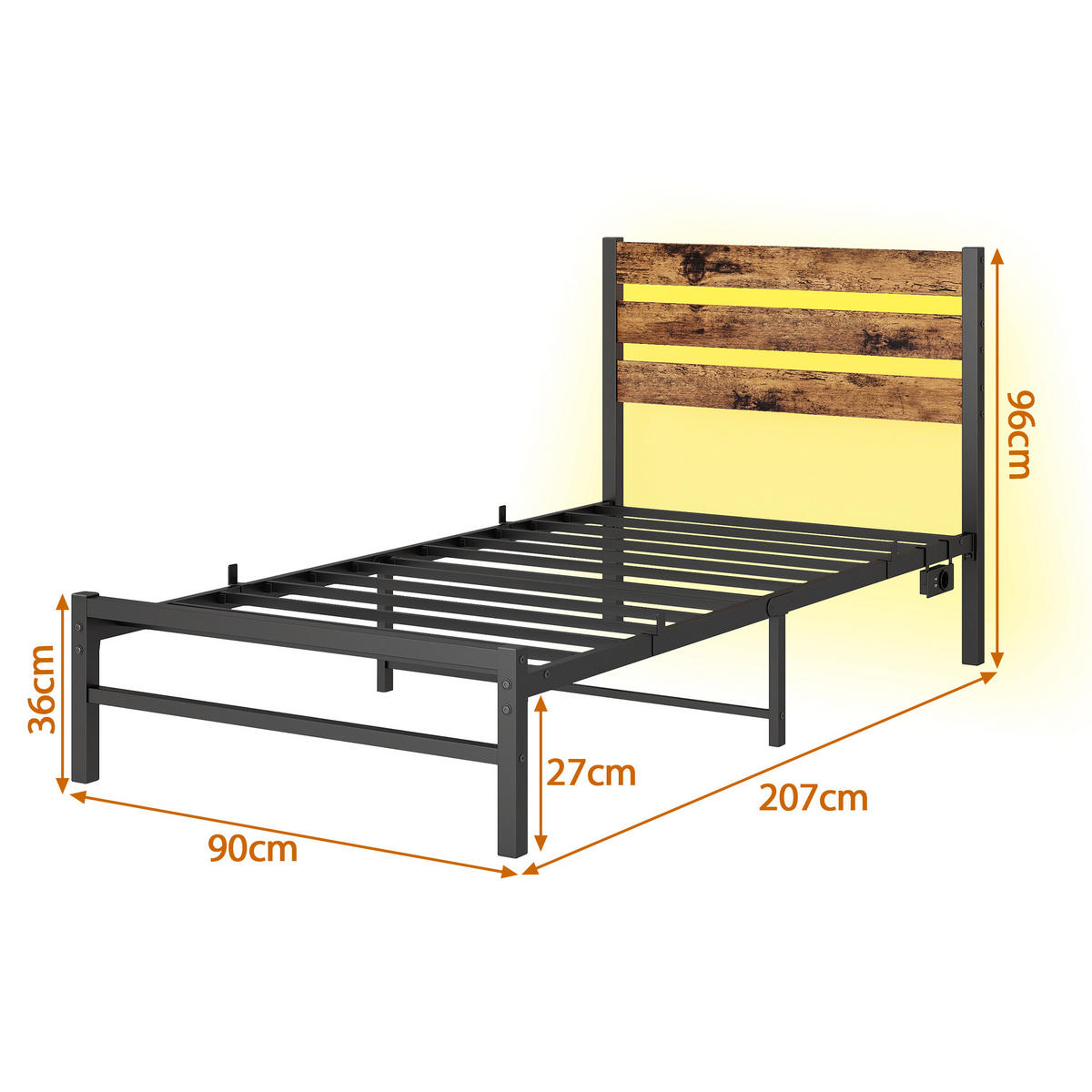 METALLBETT 90/200 cm Braun mit USB-Ladestation und LED-Bettrahmen - Braun, Metall (90/200cm) - Oxeza