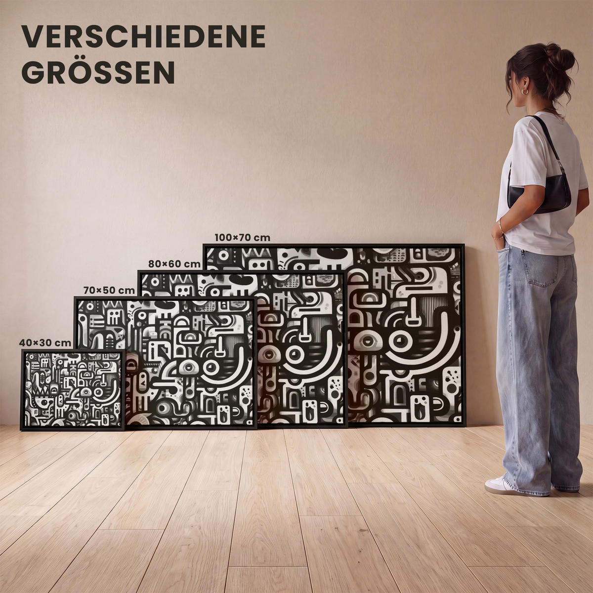 LEINWAND Bilder mit Rahmen - Symbole - Abstrakt - Grafik - Schwarz - 100x70 - Schwarz, Textil (100/70cm) - MuchoWow